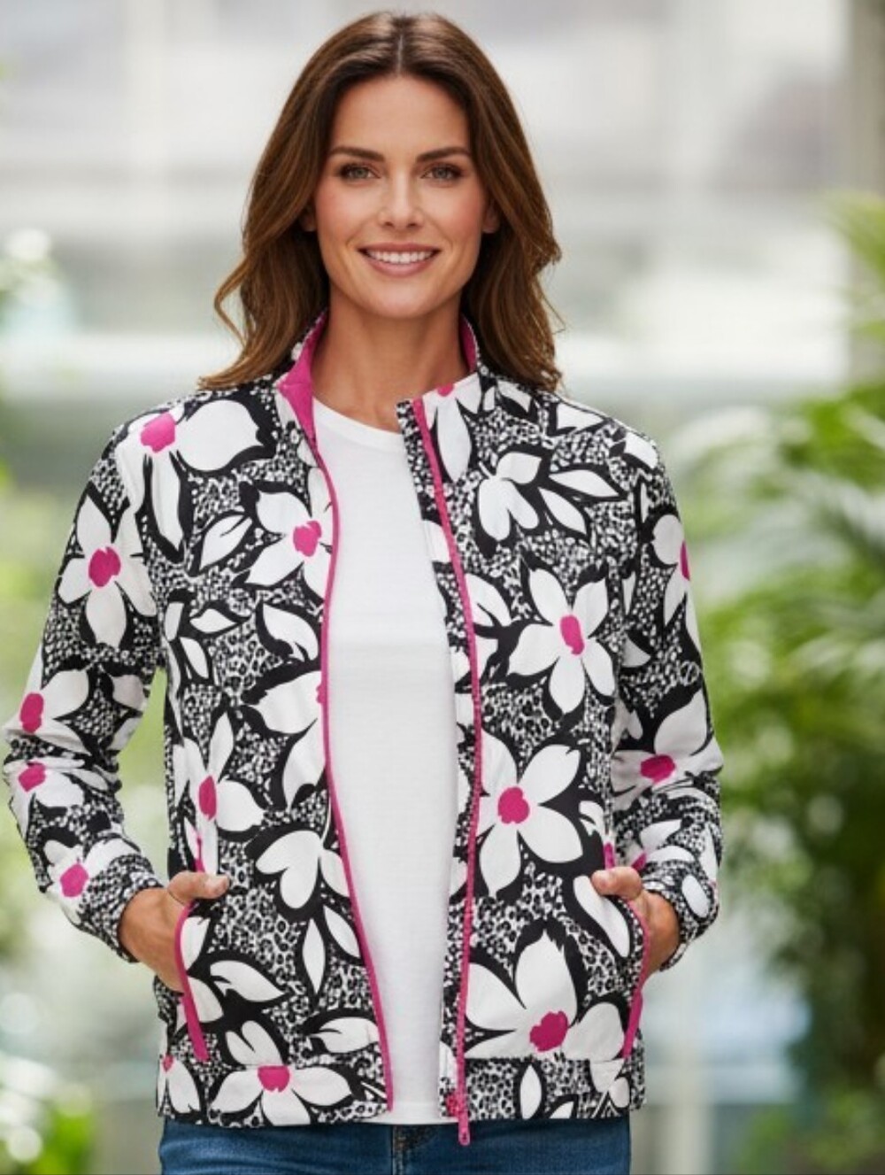 Alfred Dunner Lightweignt Black & White Floral Jacket with Pink Trim